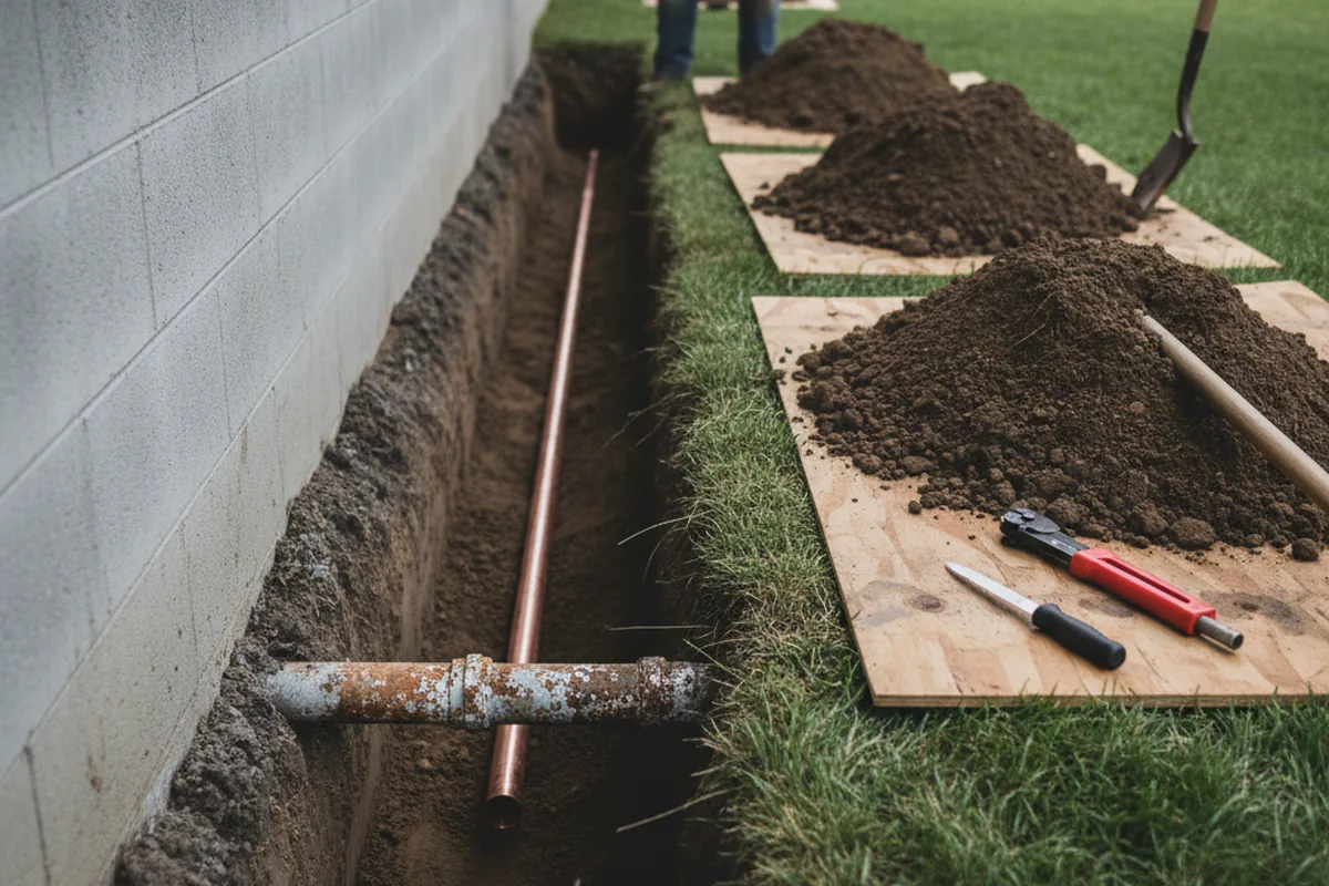 Excavated water line trench during Sewer Line Repair in Naches